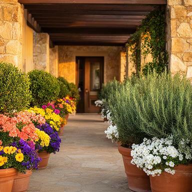 Ingresso del Borgo Altavilla con vasi fioriti e piante aromatiche