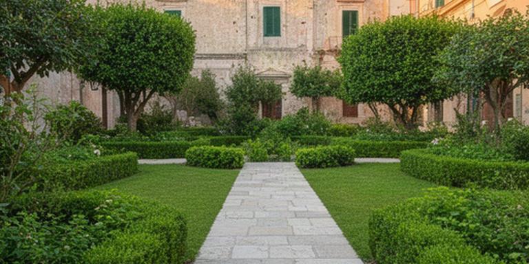 Giardino curato nel centro storico di Agropoli con prato, siepi e camminamento